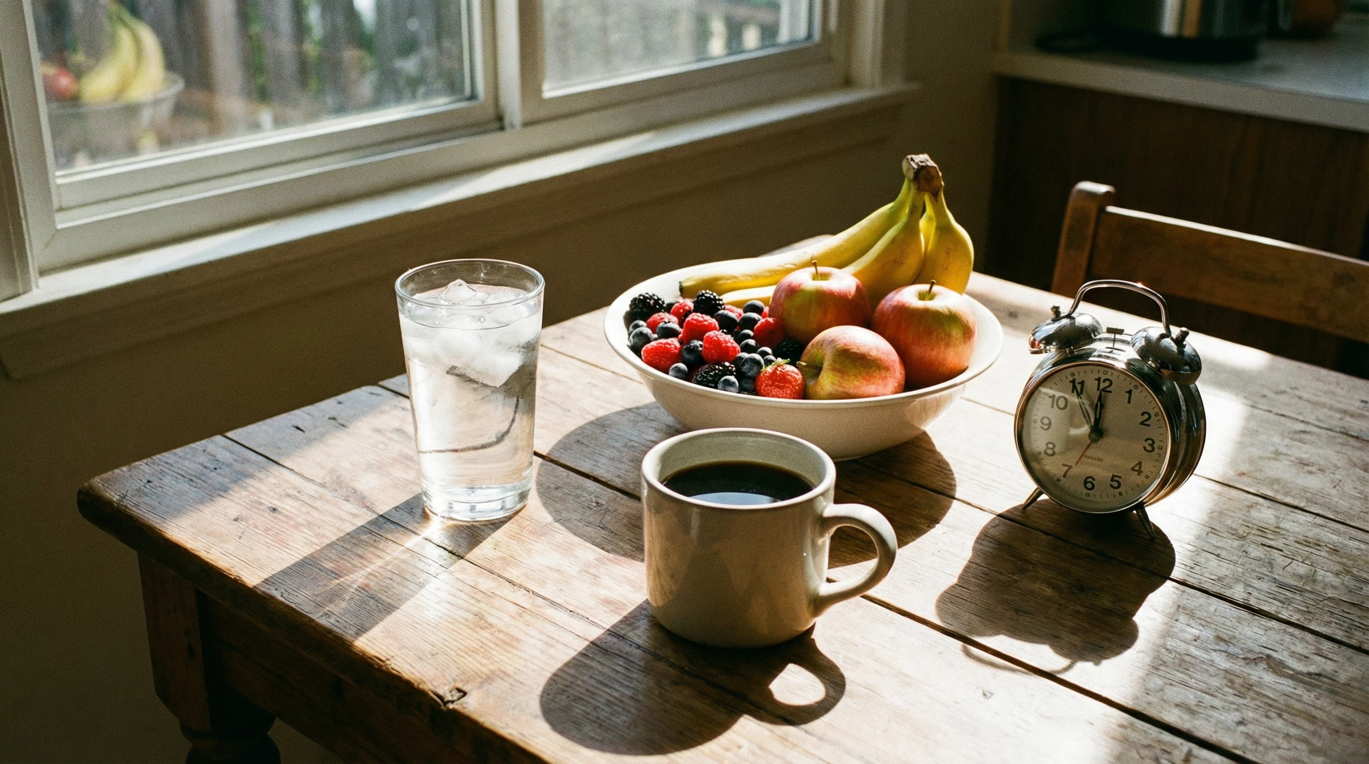 A table set with a glass of water, a cup of black coffee, and a basic analog alarm clock showing 11 AM on a sunny morning. A notepad sits nearby for tracking fasting hours.